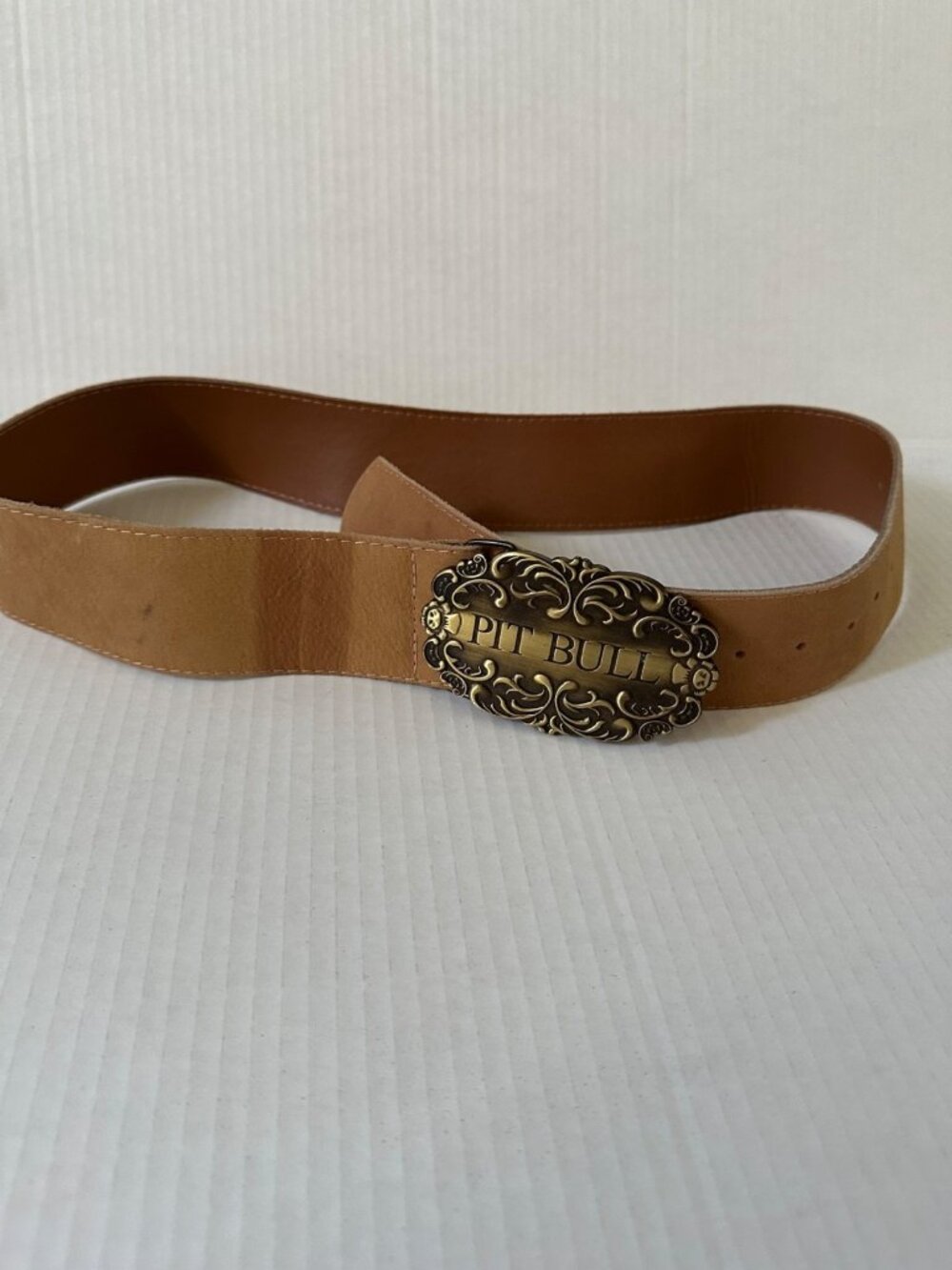Vintage Pit Bull Leather Belt Antique Brass Buckle Tan Western Cowboy Unisex 40"